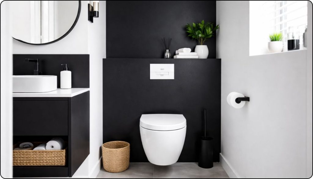 toilettes noires et murs peints