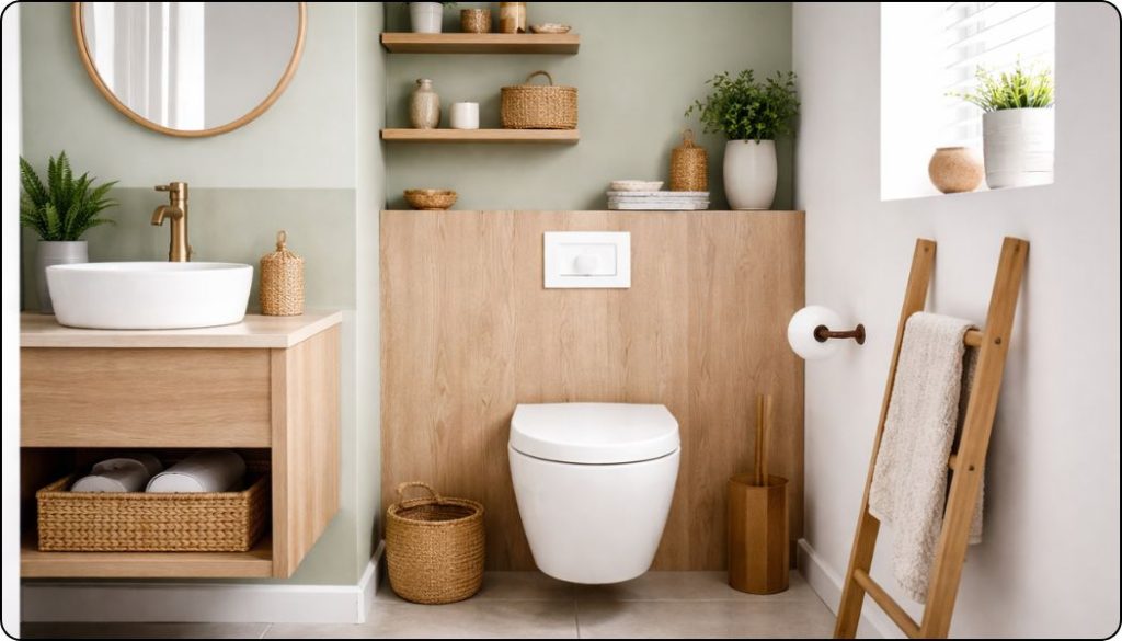 toilette bois murs kaki